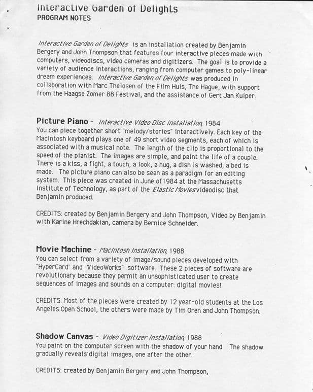 Handwritten and printed notes for the Garden of Interactive Delights installation, 1988.