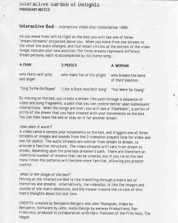 Sketches and notes for the Interactive Bed piece, 1988.